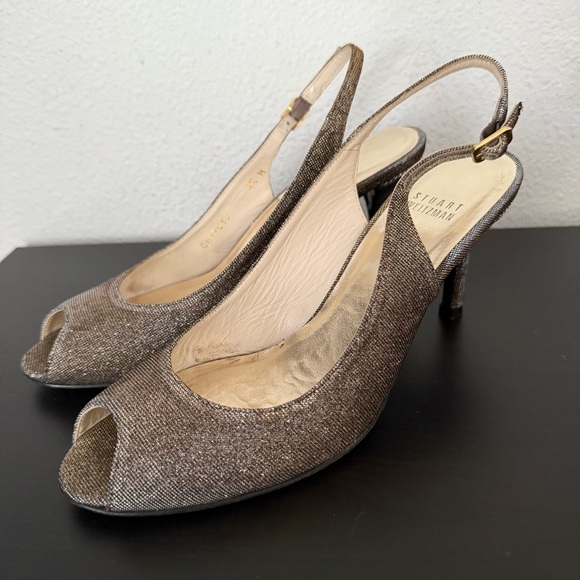 Stuart Weitzman Silver Gold Glitter Pumps Peep Toe Stiletto Heel Slingba… - Picture 1 of 12